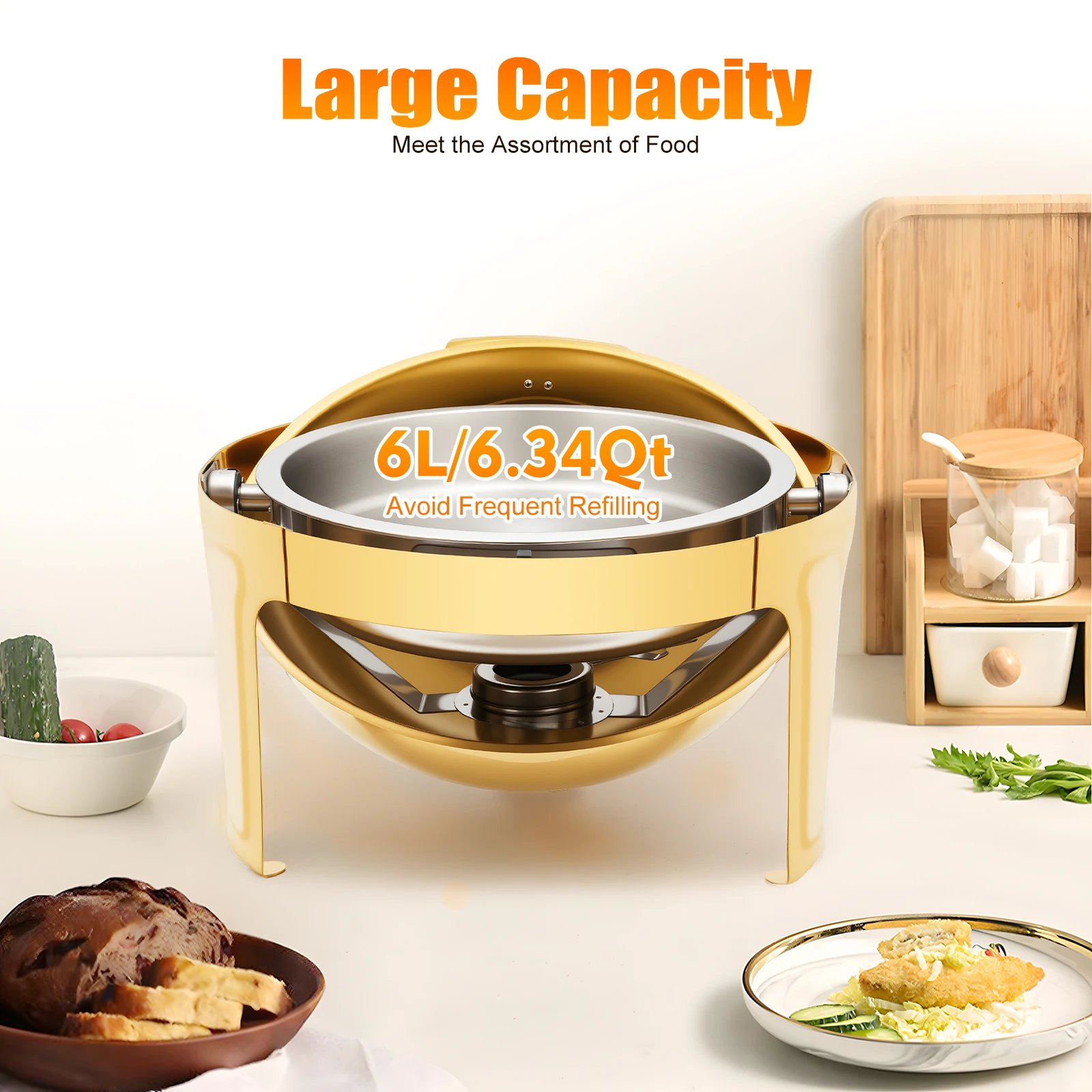 Gold Chafing Dish Round, Single Slot Buffet Food Warmer with 90°/180° Lid Opening, High Capacity 15.4lbs Support, Easy to Clean and Dishwasher Safe