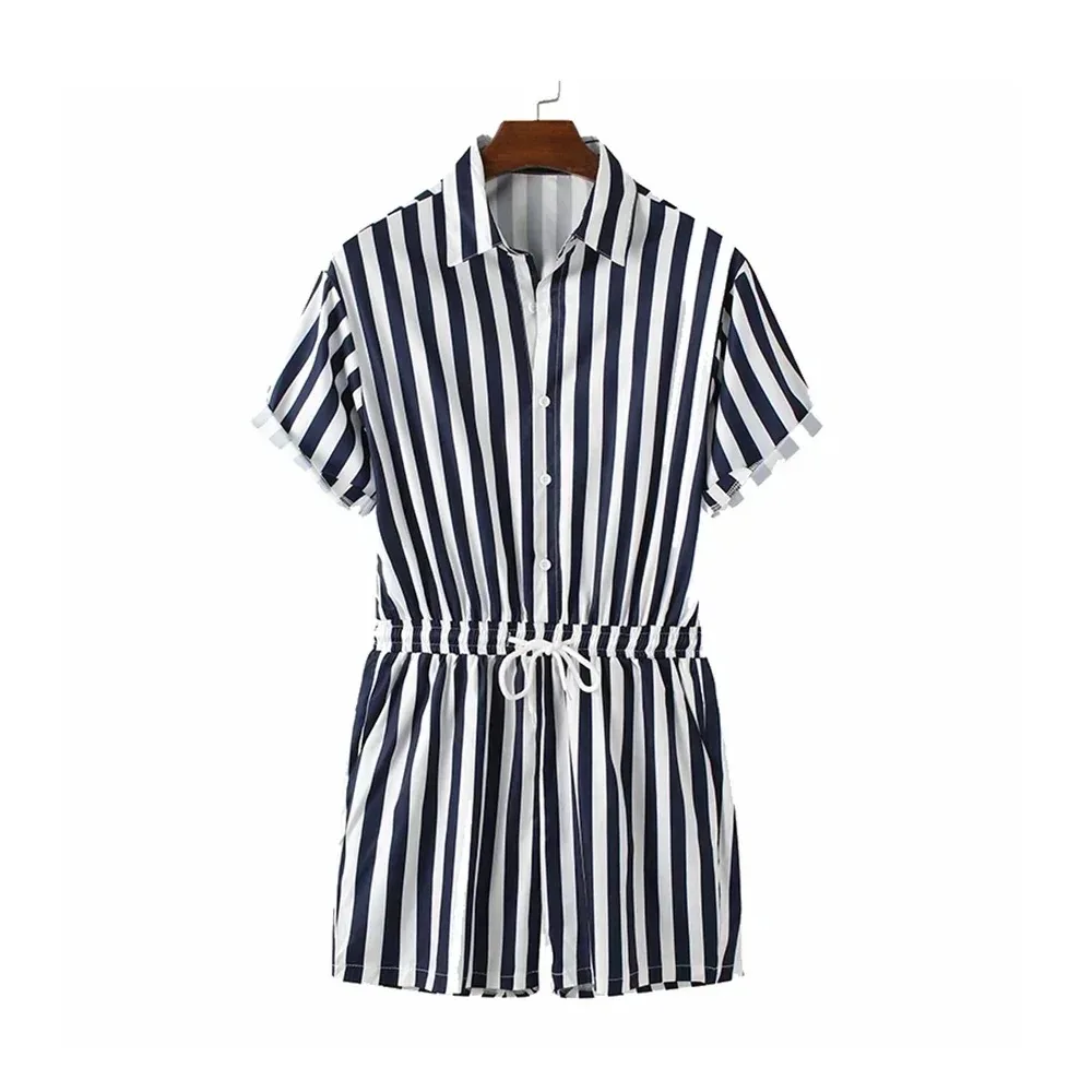 

Men's Fashion Striped Boxers Shorts Jumpsuits Rompers Casual Playsuit Short Sleeve Button Lapel Bodysuits Drawstring Streetwear