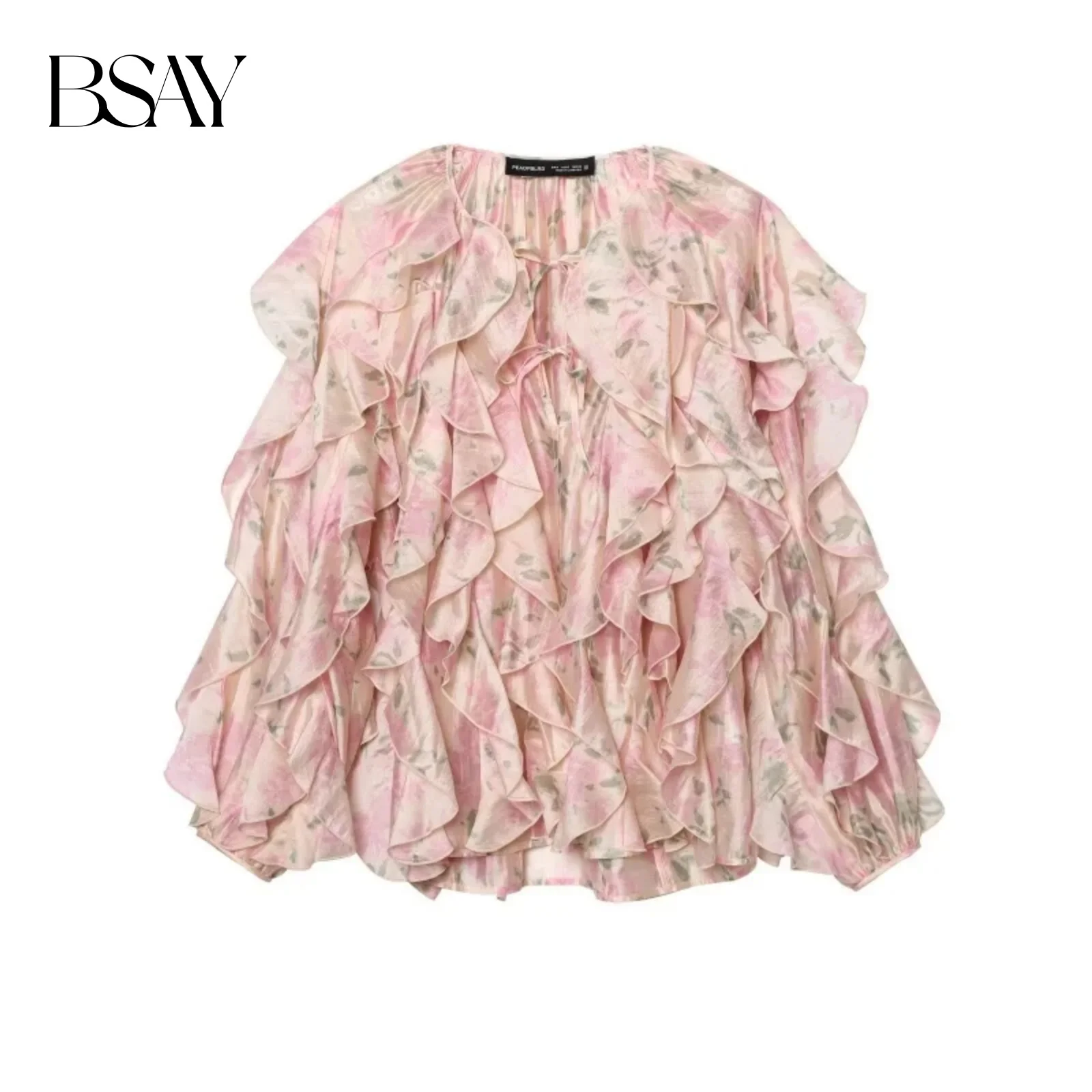 

BSAY Shirt for Women Fashion Spring New 2025 Printing Ruffled Lace Up Long Sleeved V-neck Top Blouse Chic Ladies Tops Mujer
