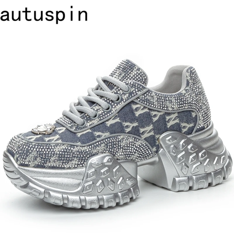 

AUTUSPIN Fashion Denim Fabric Women Shoes New Style Crystal Luxury Ladies Sneakers 2024 Winter Autumn Design Platform Flats Shoe