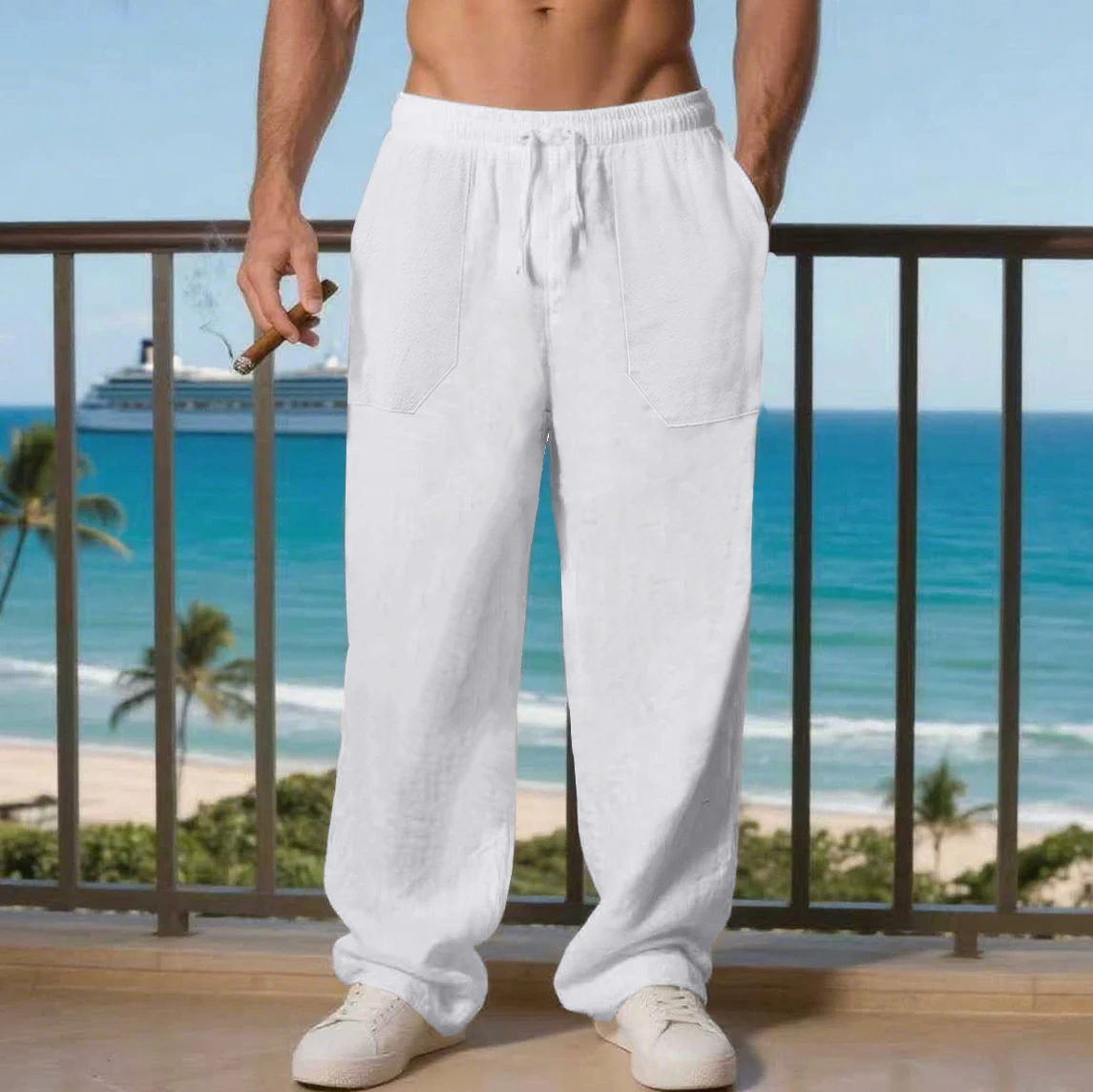 

Spring/Summer Men's European-Style Linen Pants, Solid Color Casual Pants With Drawstrings, Suitable For Beach And Leisure Wear