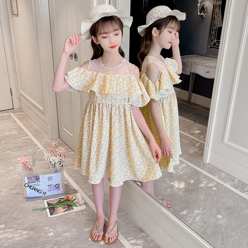 

Summer children's dress imitation one-shoulder 2022 new cheap girls holiday cake long skirt spring and autumn baby A-line dress