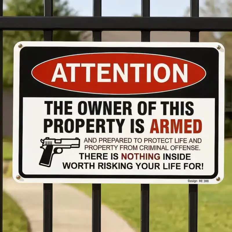 Armed Property Owner Warning Metal Sign - Black/Red/White Gun Graphic, Iron Security Alert for Home/Yard/Fence - Deter Crime, Pr