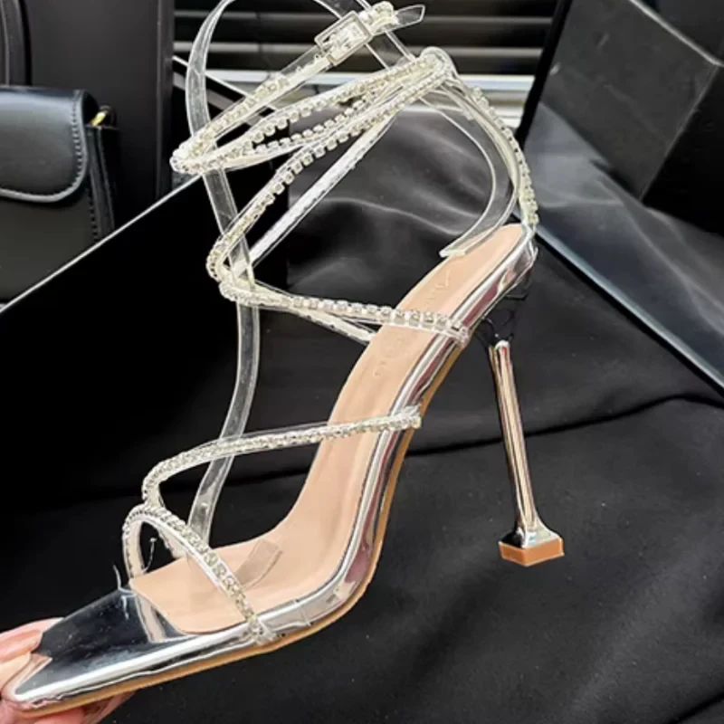 

Rhinestones Shoes for Ladies Square Toes Thin High Heels Crossover Strap Female Sandals Solid Tacones Crystal Zapatos De Mujer