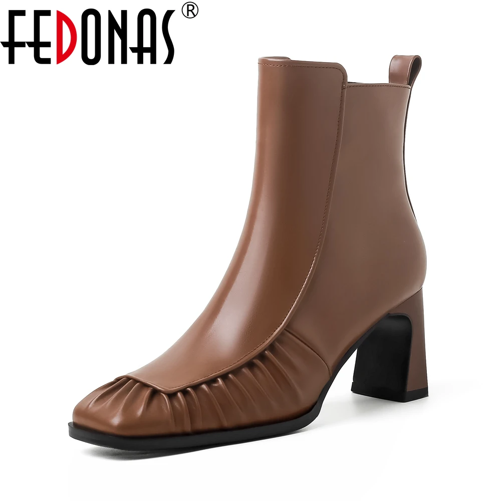 FEDONAS Ankle Boots For Women Genuine Leather Keep Warm High Heels Round Toe Anti-slip Boots Thick Water Proof Zipper Shoes