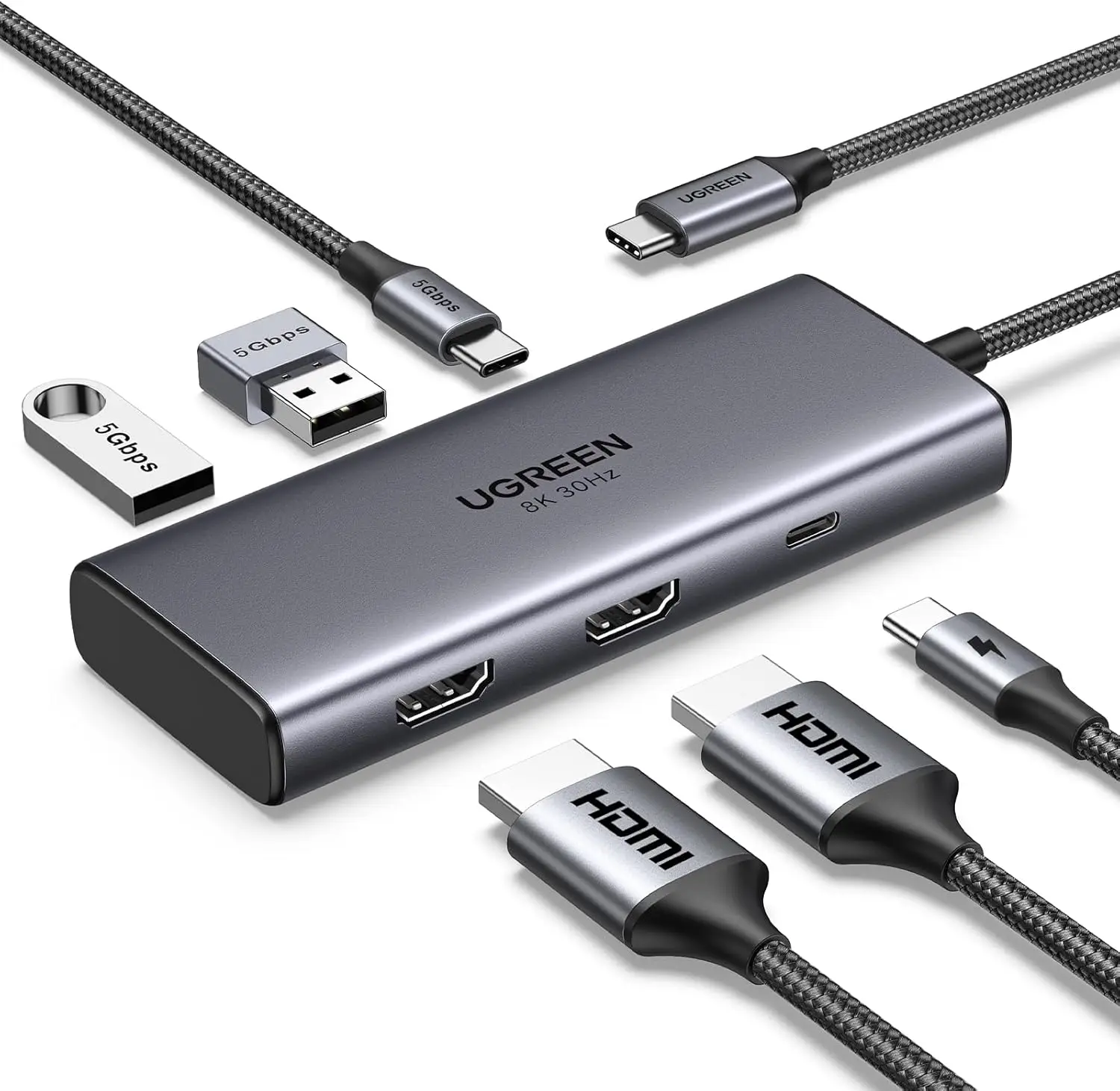 

6-in-1 USB C Hub with Dual 4K@60Hz, Single 8K@30Hz, 100W Power Delivery, 3X USB Ports for Laptops
