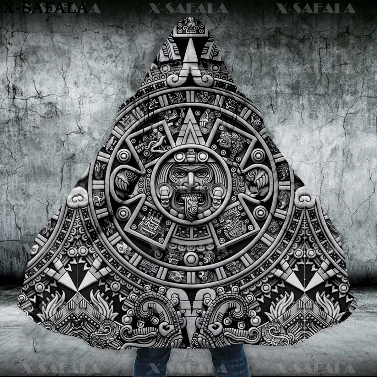 Ancient Skull Mexican Aztec Tattoo Mexico Thick Warm Hooded Cloak Men Overcoat Coat Windproof Fleece Cape Robe Hooded Blanket-20