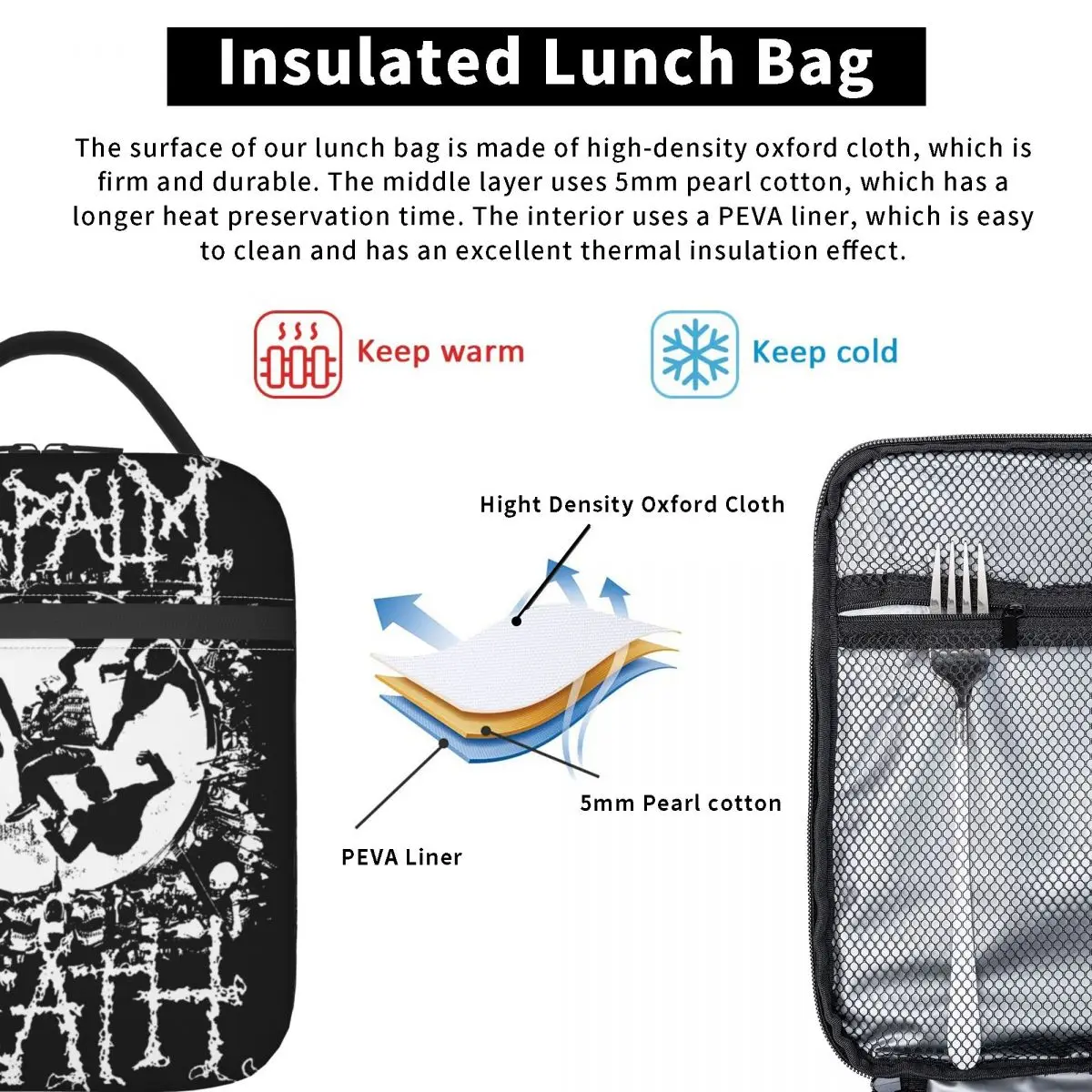 Bolso de mano aislante para el almuerzo, caja de comida de Metal, enfriador térmico multifunción, caja Bento para la escuela, nabalm Death Music Band