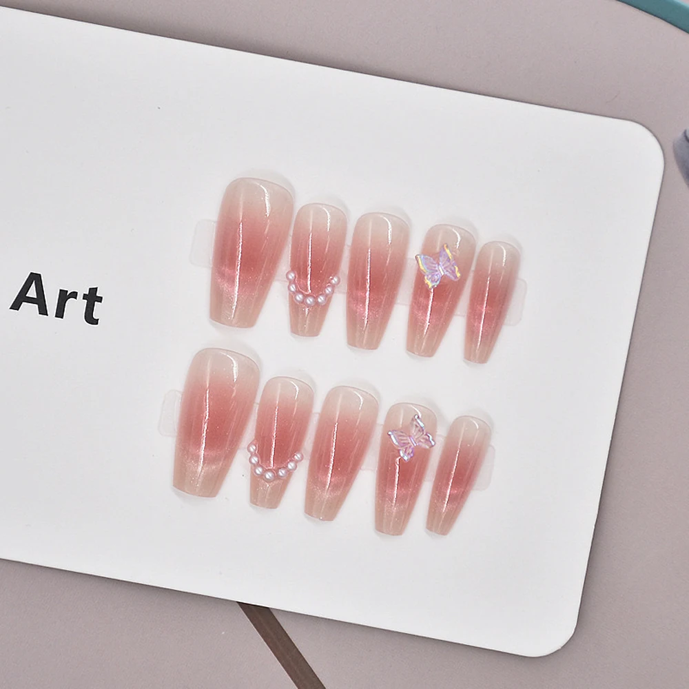 10Pcs Pink Butterfly Press on Nails Cat Eyes Blush Fake Nails Handmade DIY False Nails For Women Wedding Party Wearing view 5