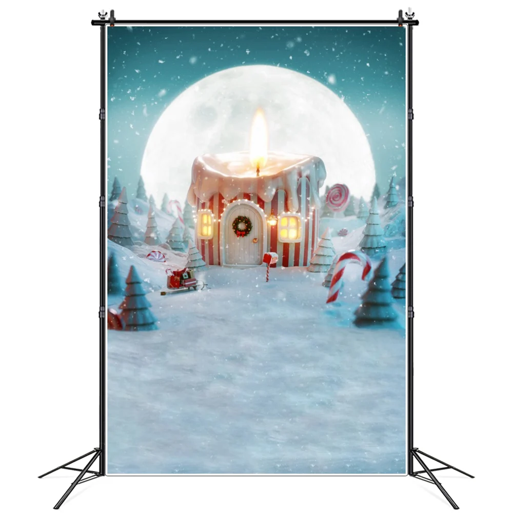 

Christmas Candle Cabin Moon Forest Night Photography Backgrounds Custom Baby New Year Party Decoration Photo Booth Backdrops