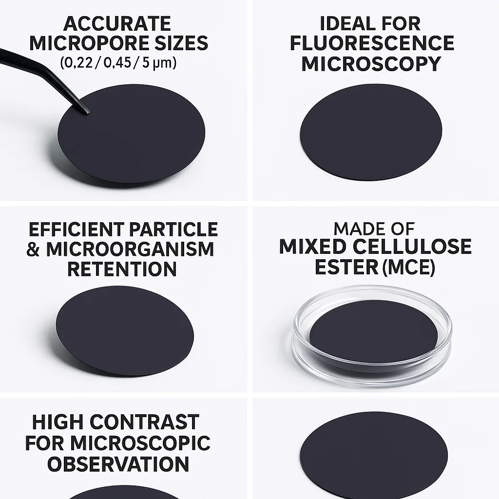 

Черная мембрана с микропористым фильтром MCE, лабораторный подсчет флуоресценции, обнаружение бактерий, обнаружение частиц почвы