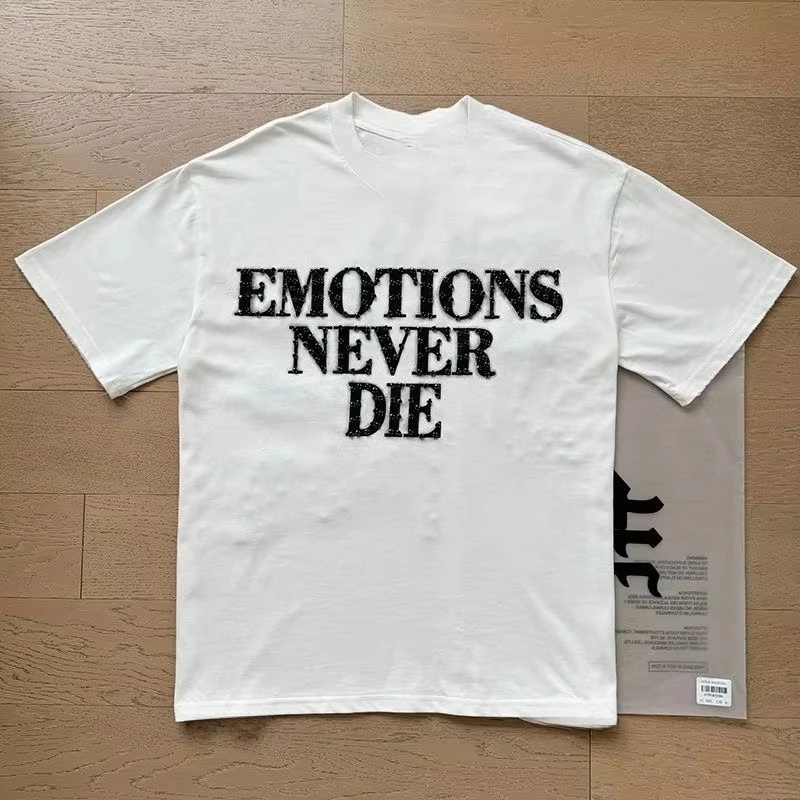 Men Oversized White Distressed T‑Shirt EMOTIONS NEVER DIE Text Graphic V‑Neck Loose Short Sleeve Casual Daily Streetwear Tees