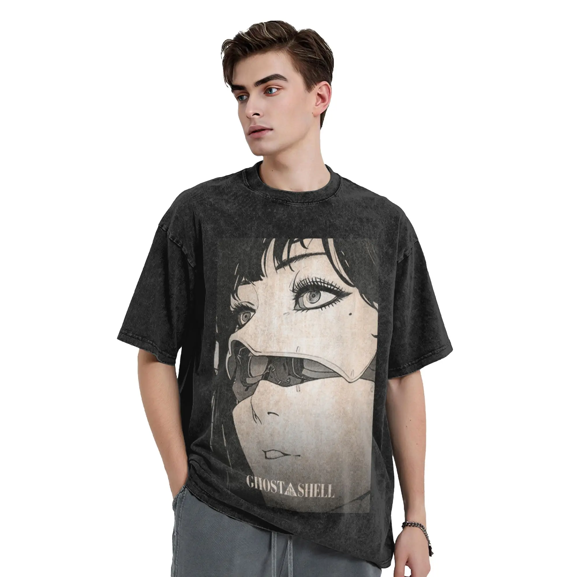Ghost in the Shell Classic T-Shirt Vintage Washed T Shirts  100% Cotton Tops Novelty   Round Neck Tee Shirt Plus Size T-Shirts
