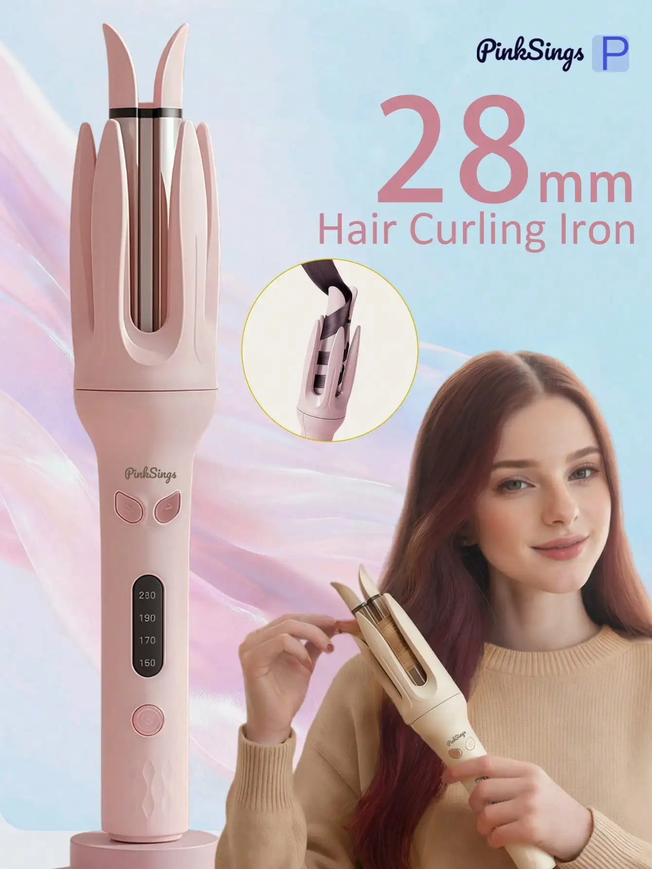 PinkSings 1-Click Auto Curling Iron, 28mm Barrel Bi-Directional Auto Curling, 4 Temperature Modes, Negative Ion Generator, Smart Timer & Sensor, Auto Shut-Off, Hair Styling Tool, Ideal Christmas Gift