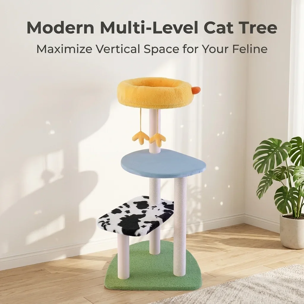 a forCute Chick Design Multi-Level Modern Wool Cat Tree Scratching Posts Perch Platform Indoor Cat Play Furniture 105cm Height