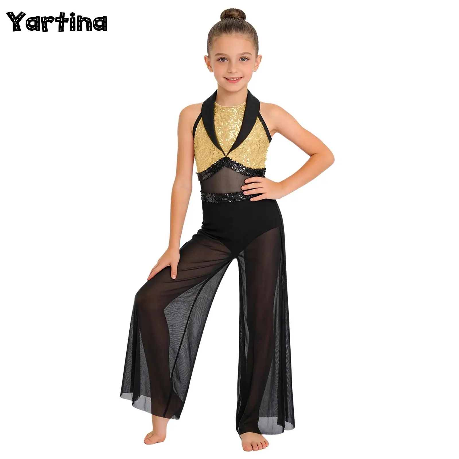 

Kids Girls Sequin Lyrical Jazz Dance Outfit Sheer Wide Leg Performance Costume Sides Split Wide-leg Shiny Sequin Mesh Bodysuit