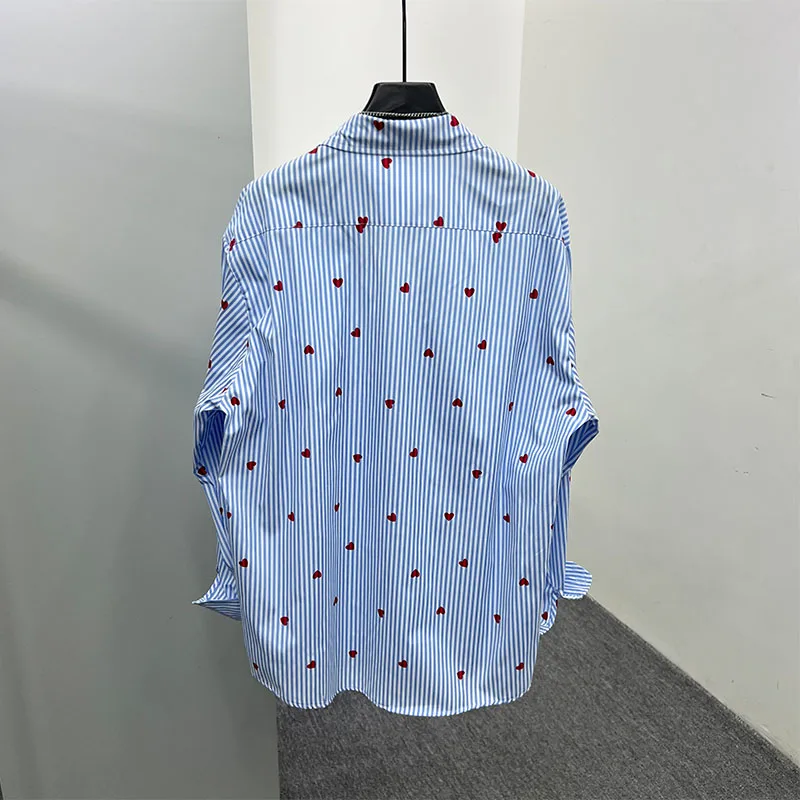 2025 Spring New Original High-end Retro Striped Chic Top Love Heart Print Loose Comfort Handsome Shirts Men's Trendy Niche Shirt