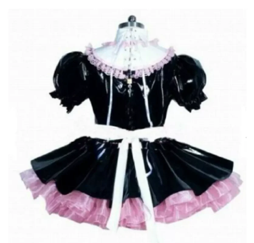 Hot New PVC Ruffle Sissy Women Fries Pink Bows Short Dress Crossing Custom