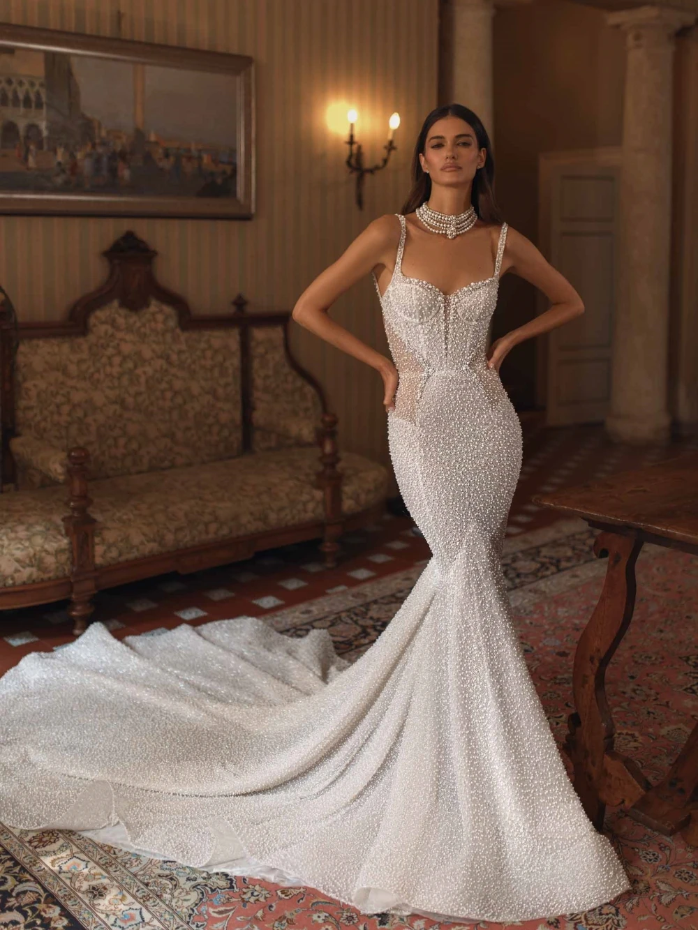 Sexy Sleeveless Backless Wedding Dress Sparkly Sequins Pearls Bride Robe Elegant Mermaid Long Bridal Gown Robe De Mariée