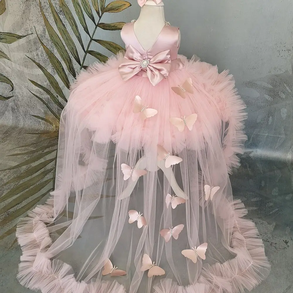 Kleinkinder Festzug Kleider rosa abnehmbare Zug Prinzessin Blumen mädchen Kleid 3d Applikation Kinder Erstkommunion Geburtstags feier Kleider