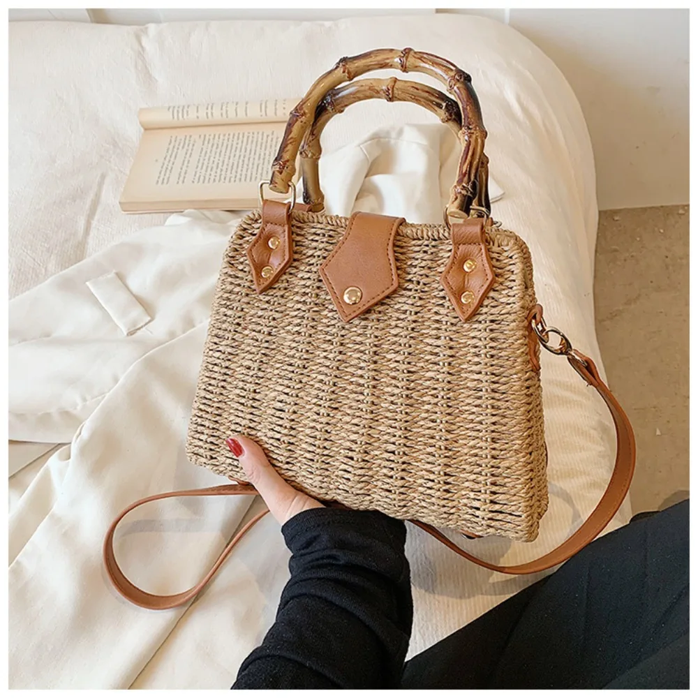 Elegant Vintage Bamboo Handle Rattan Straw Woven Bag Bohemian Crossbody Bag Outing Sling Bag Shoulder Bag