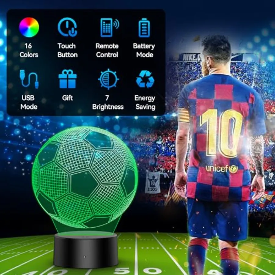 3D Illusion Night Light, 16 Colors LED Lamp for Boys Girls, Remote and Touch Control, USB or Battery Powered Football Bedroom D
