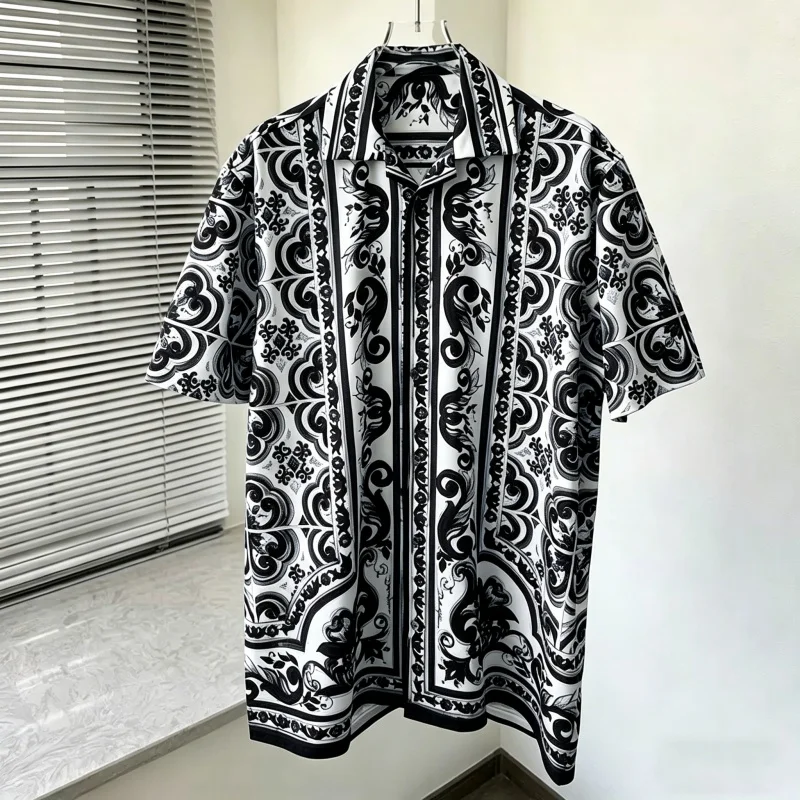 

Men's shirts, summer Baroque printed shirts, loose oversized retro short sleeved shirts, vacation style versatile men's tops