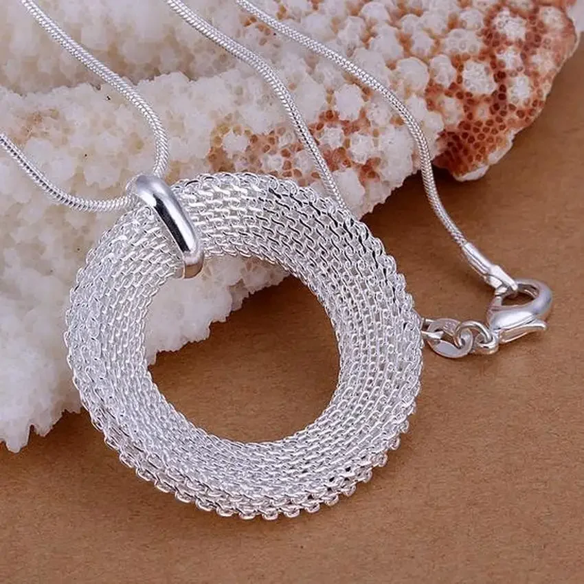 

P054 Promotions Wedding Lady Beautiful Fashion Elegant Silver Color Charm Round Mesh Girl Pendant Pretty Necklace Jewelry