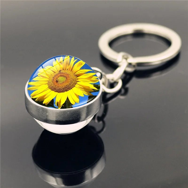 Schlüsselanhänger mit Sonnenblumenmuster, doppelseitiger Glaskugel-Anhänger, Metall-Schlüsselanhänger, klassisches Geschenk – Detail 11