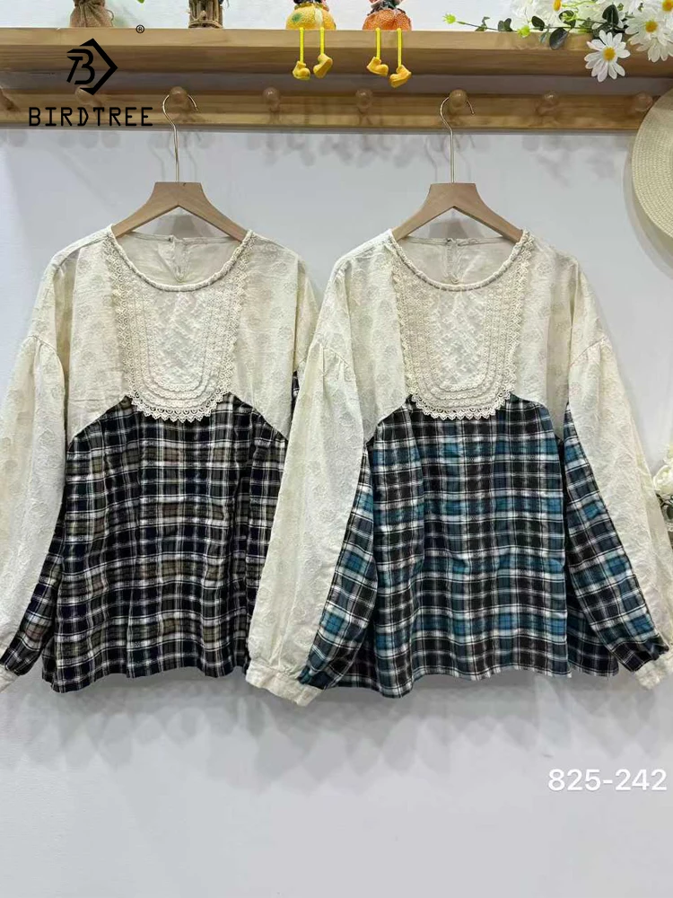

Новая осенняя хлопковая рубашка с длинным рукавом 2025, женская клетчатая рубашка с круглым вырезом и вышивкой, свободная блузка Mori Girl во французском стиле ретро T59476CC