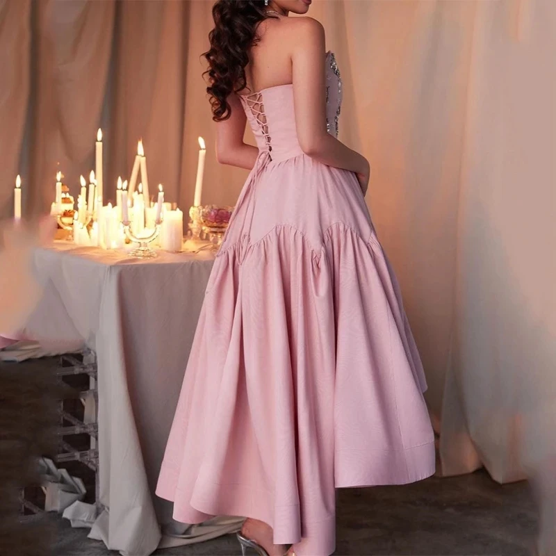 فستان Jirocum وردي على شكل حرف A للحفلات الراقصة للنساء مطرز بالكريستال للحفلات المسائية بأربطة بدون أكمام بطول الأرض فساتين مناسبة رسمية #2