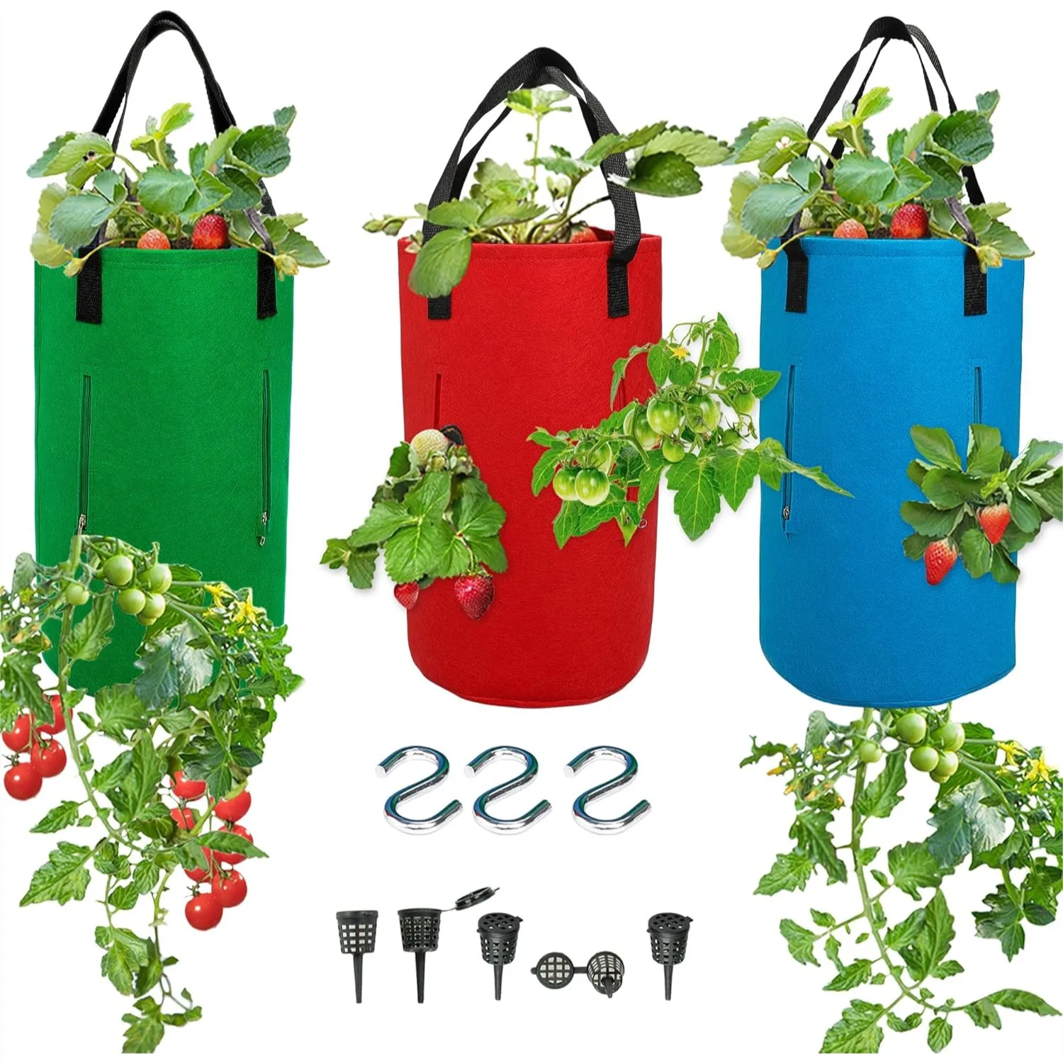 

3 Piece Upside Down Tomato & Strawberry Planter Set with 4 Side Zippers & 1 Bottom Zipper for Easy Vertical Gardening
