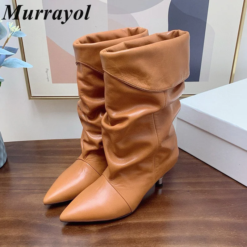 Pointed Toe Genuine Leather Mid-calf Boots Women Wrinkle Design High Heels Modern Boots Spring Autumn Fashion Runway Boots