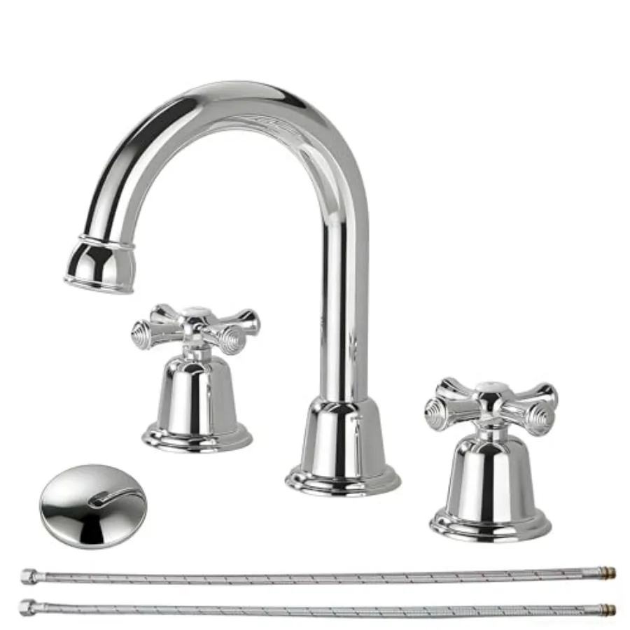 

Bathroom Faucets for Sink 3 Hole Chrome Polished 8 inch Widespread Bathroom Sink Faucet with Drain 2 Handles Cross Knobs Faucet