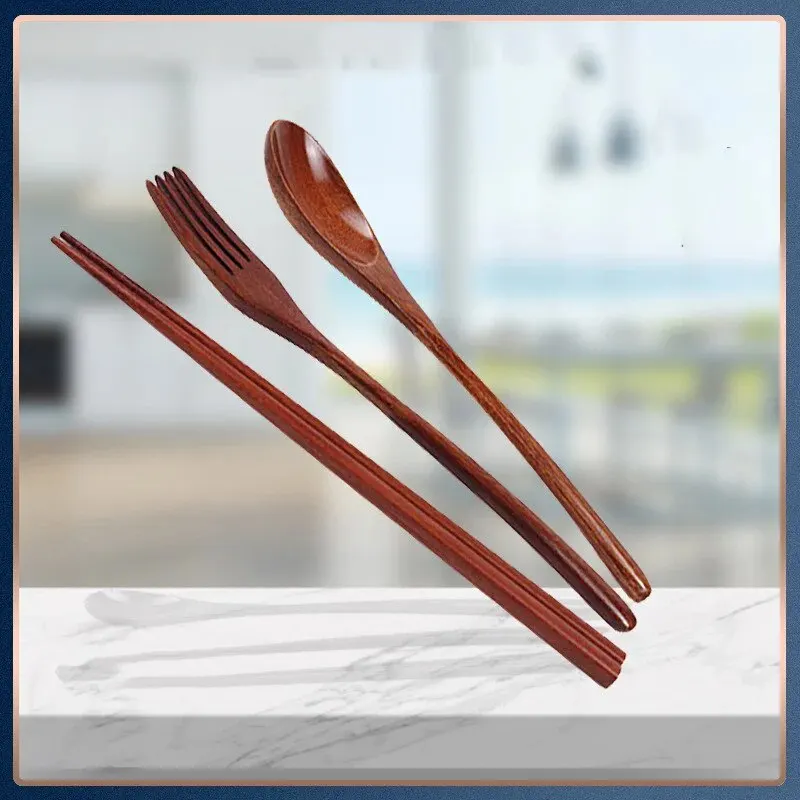 1pc Wooden Chopsticks Fork Spoon Three-piece Set Twine Japanese-style Tableware Kitchen Home Chopsticks Fork Spoon Cutlery Set