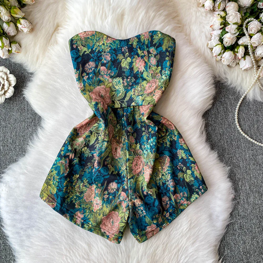 

Clothland женские винтажные комбинезоны с цветочным принтом без рукавов без бретелек с эластичной спиной тонкие женские сексуальные летние мини-комбинезоны Mujer KA510