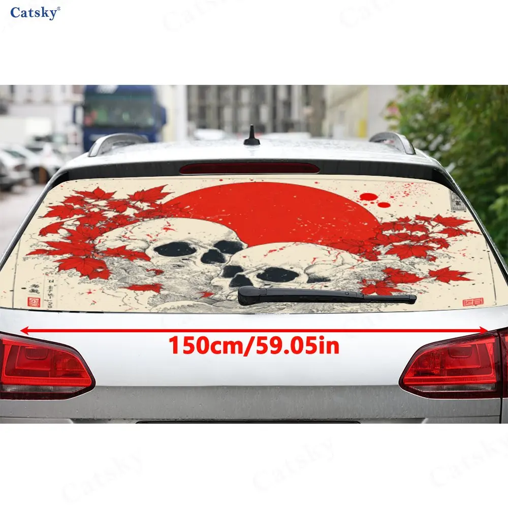 Ukiyo-style Skull Pattern PVC Perforated Car Vinyl Wraps, Privacy Enhancing Design For Rear Window, Car Rear Windshield Sticker