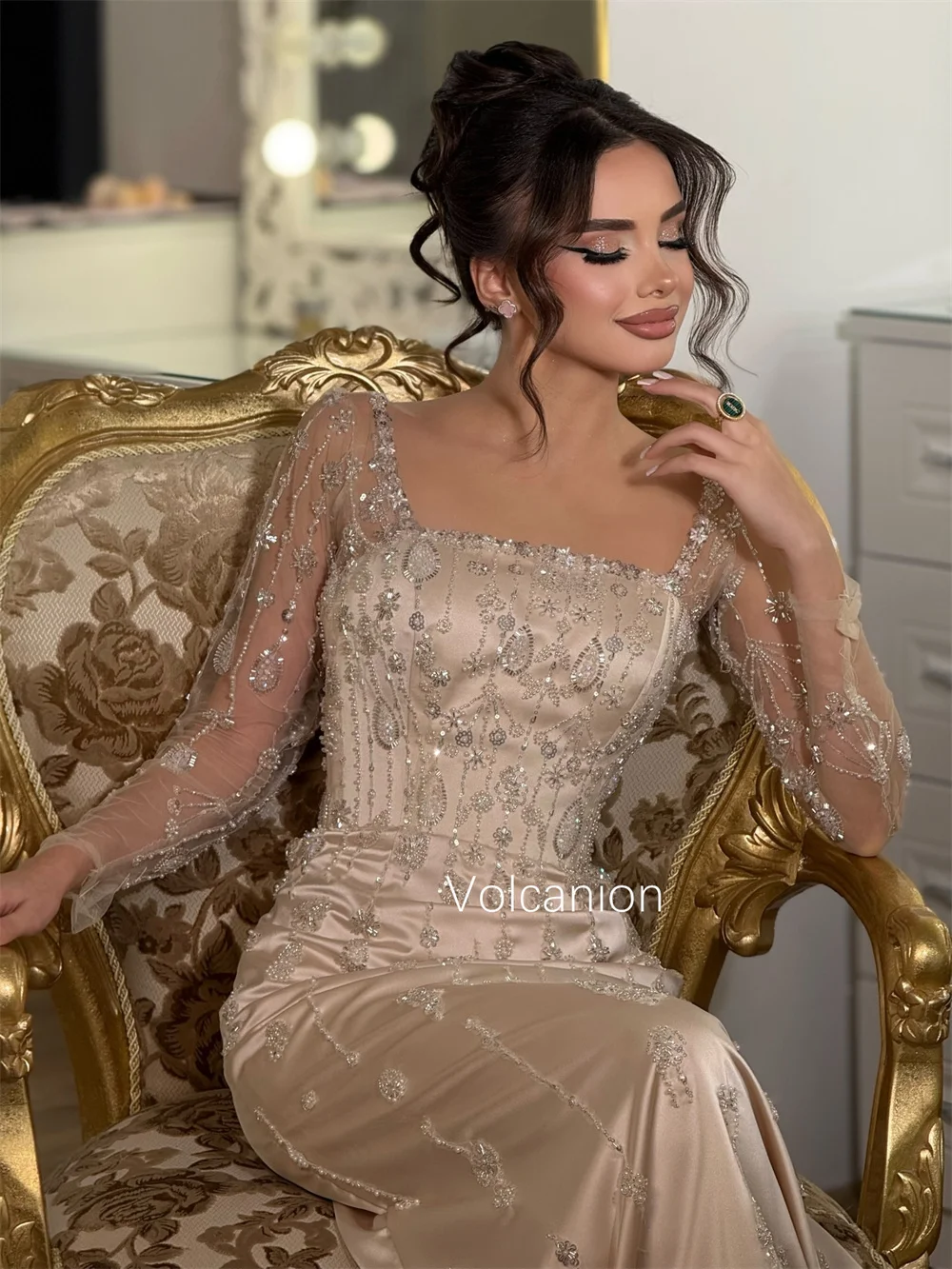 Customized Chinese Style Charmeuse Pleat Sequined Straight Square Neck Long Evening Dresses Luxury 2025 High Quality
