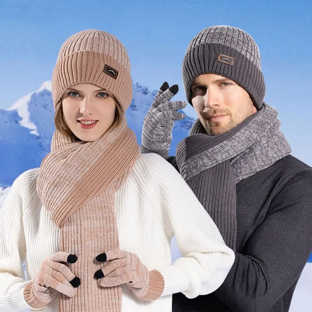 3Pcs/set Winter Warm Beanie Hat Scarf Knitted Woolen Fleece Lining Scarves Outdoor Soft Touch Screen Gloves for Men Women