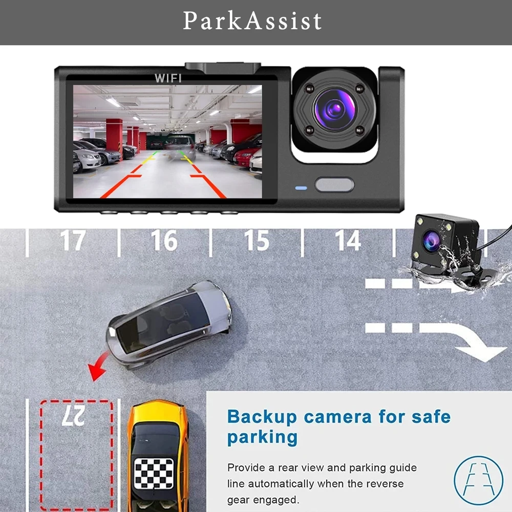 1080P 3-Kanal-Objektiv WLAN Dashcam Auto DVR Innenraumkamera Mini-Recorder Video-Registrator Dashcam Dreiwege-Videokamera – Detail 7
