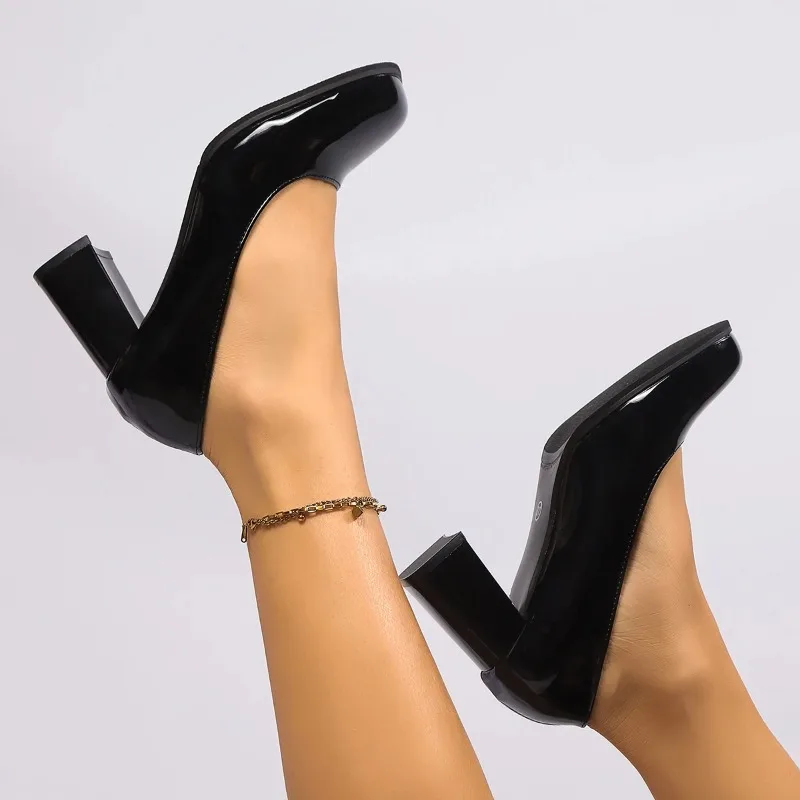 Escarpins En Cuir Verni Pour Femmes، Chaussures De Bureau Élégantes À Talons Hauts Noirs، Bouche Peu Profonde، Bout Carré،