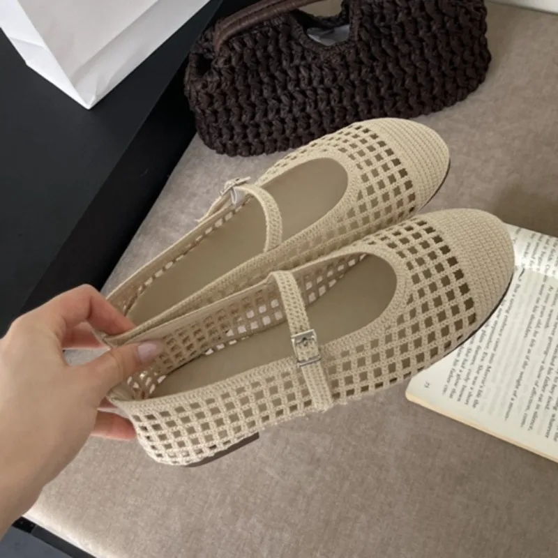 Aneikeh Summer Fashion Breathable Woven Mesh Mary Jane Flats Women Single Buckle Strap Round Toe Casual Flat Walking Shoes