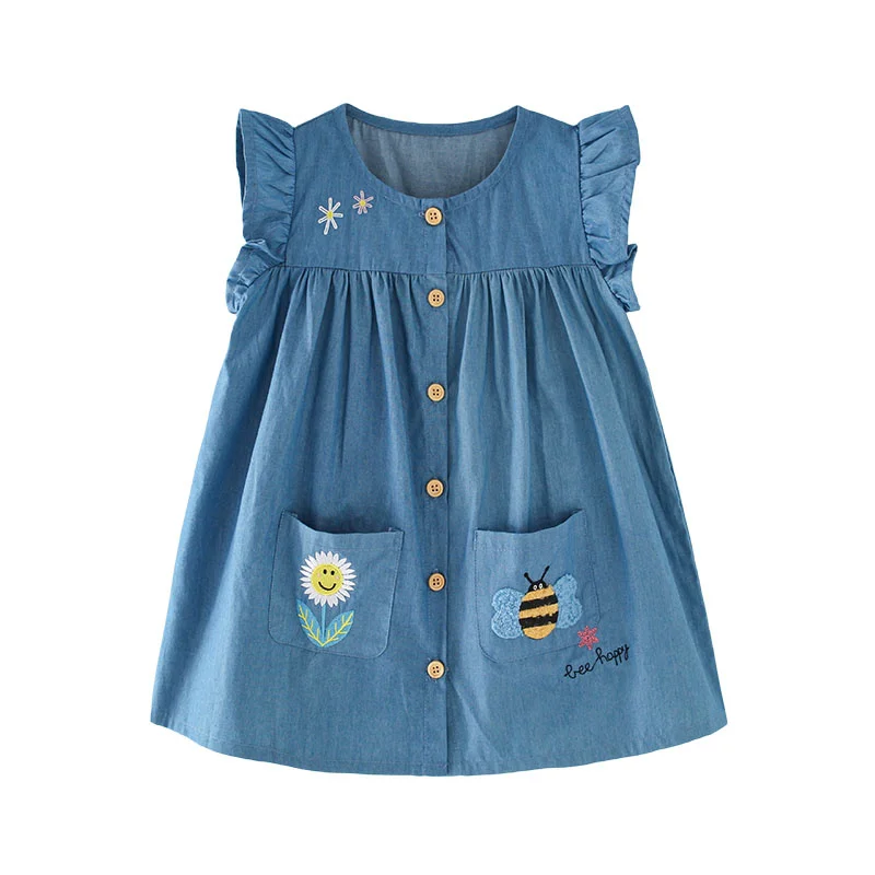 

Jumping Meters 2-7T Bee Pockets Summer Girls Dresses Animals Embroidery Children's Clothing Party Buttons Lovely Dresses