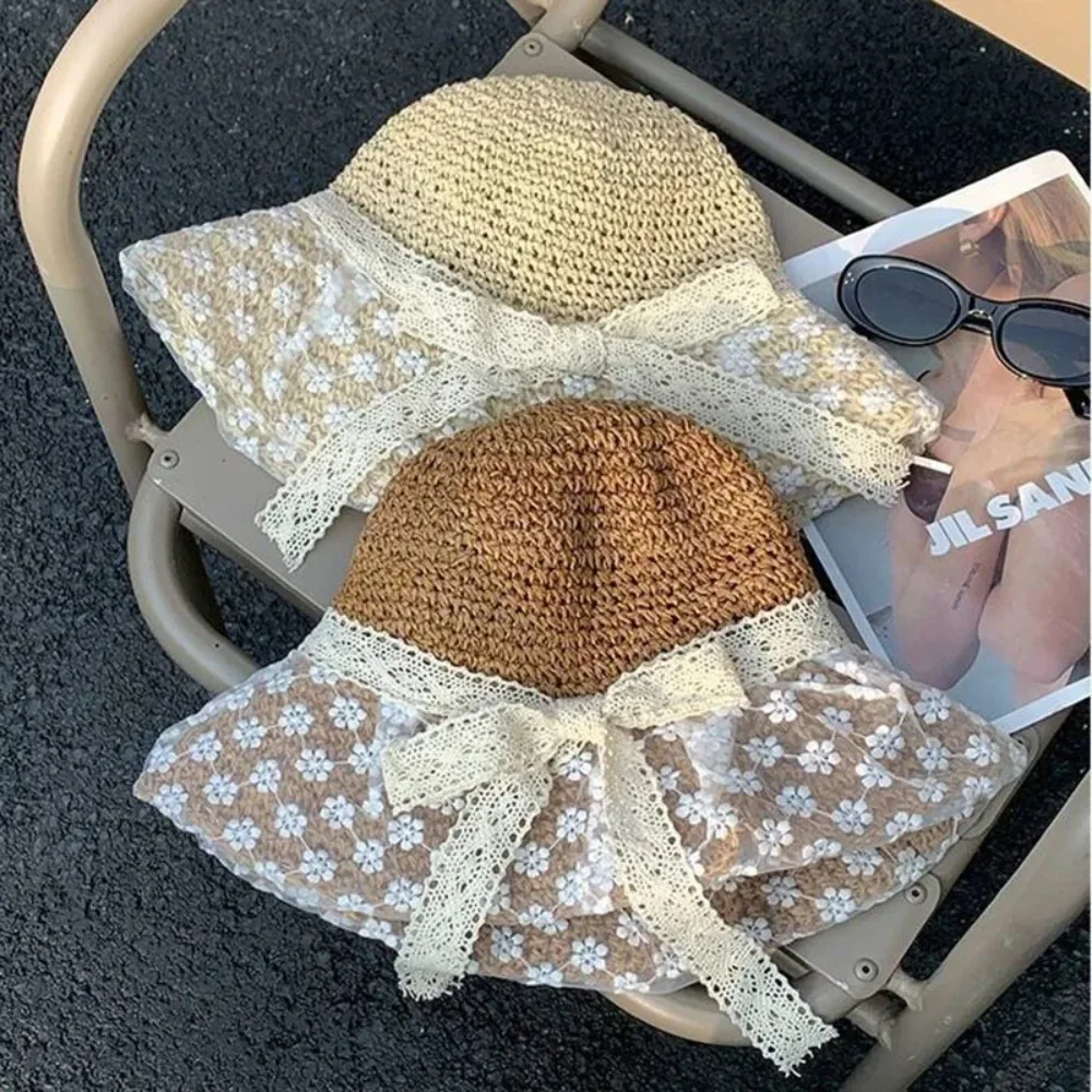 

Летняя дышащая шляпа от солнца с цветочным принтом, элегантная женская соломенная шляпа с большими полями, анти-УФ-милая кружевная солнцезащитная кепка с бантом для девочек