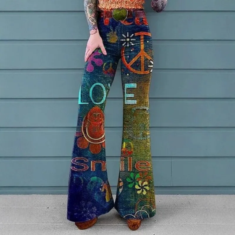 Hot-selling Women's European American Export Retro Floral Patchwork Art Casual Denim Wide-leg Trousers Are Fashionable Comfort