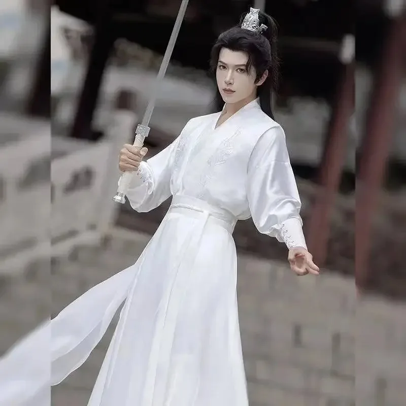 

Wuxia Hanfu Men Women Traditional Cross Collar Embroidery Suit Halloween Event Swordsman Cosplay Costume Robe