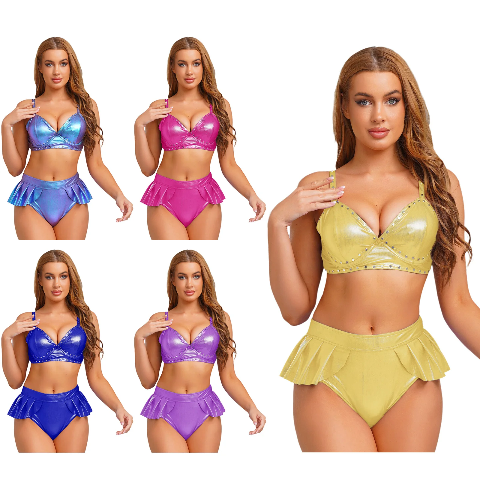 

Женский блестящий купальник металлик с подкладкой на косточках и заклепками, бикини, бюстгальтер-бретелька, топы и трусы с плиссированным подолом, купальный костюм из 2 предметов