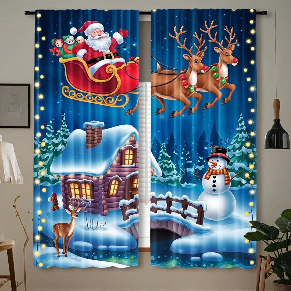 Christmas Curtains Pair Festive Santa Claus Reindeer Winter Holiday Xmas Window Treatment Decoration Drapes for Home Decor
