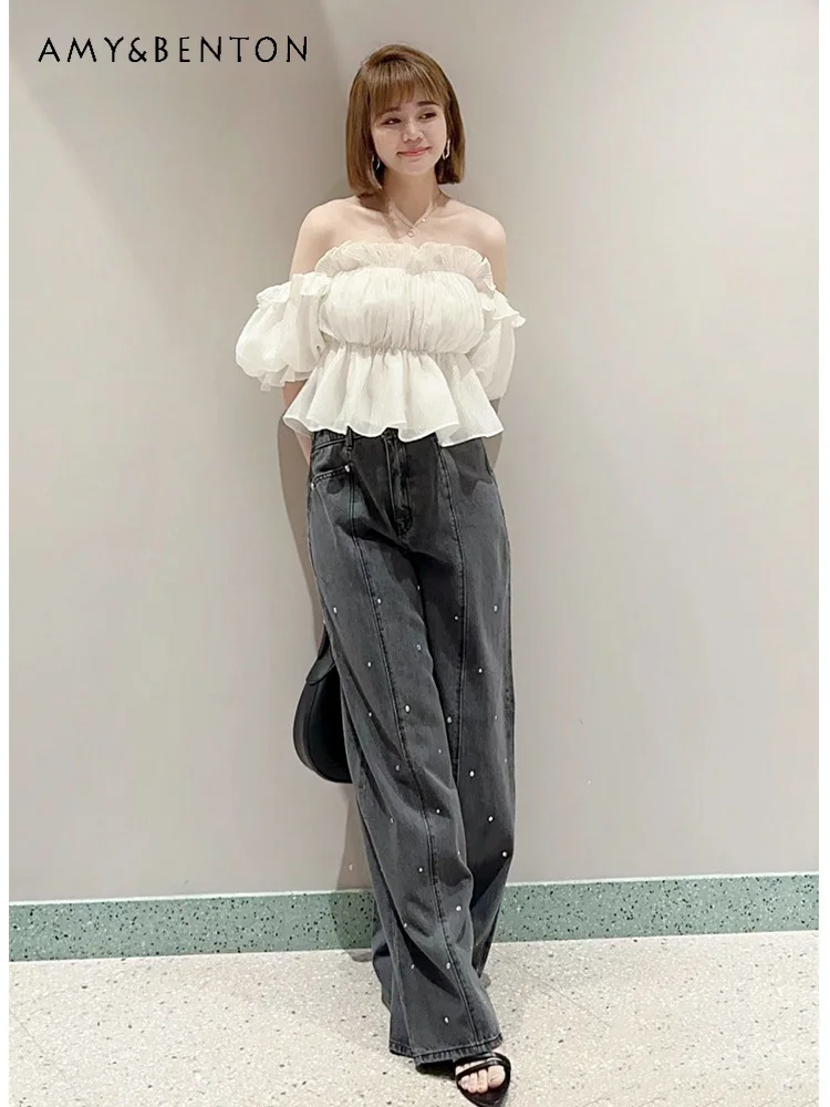 2024 Herbst neue koreanische Mode Hot Diamond Casual Baggy Jeans Frauen Pendler Stil vielseitige hohe Taille schlanke Hose mit weitem Bein