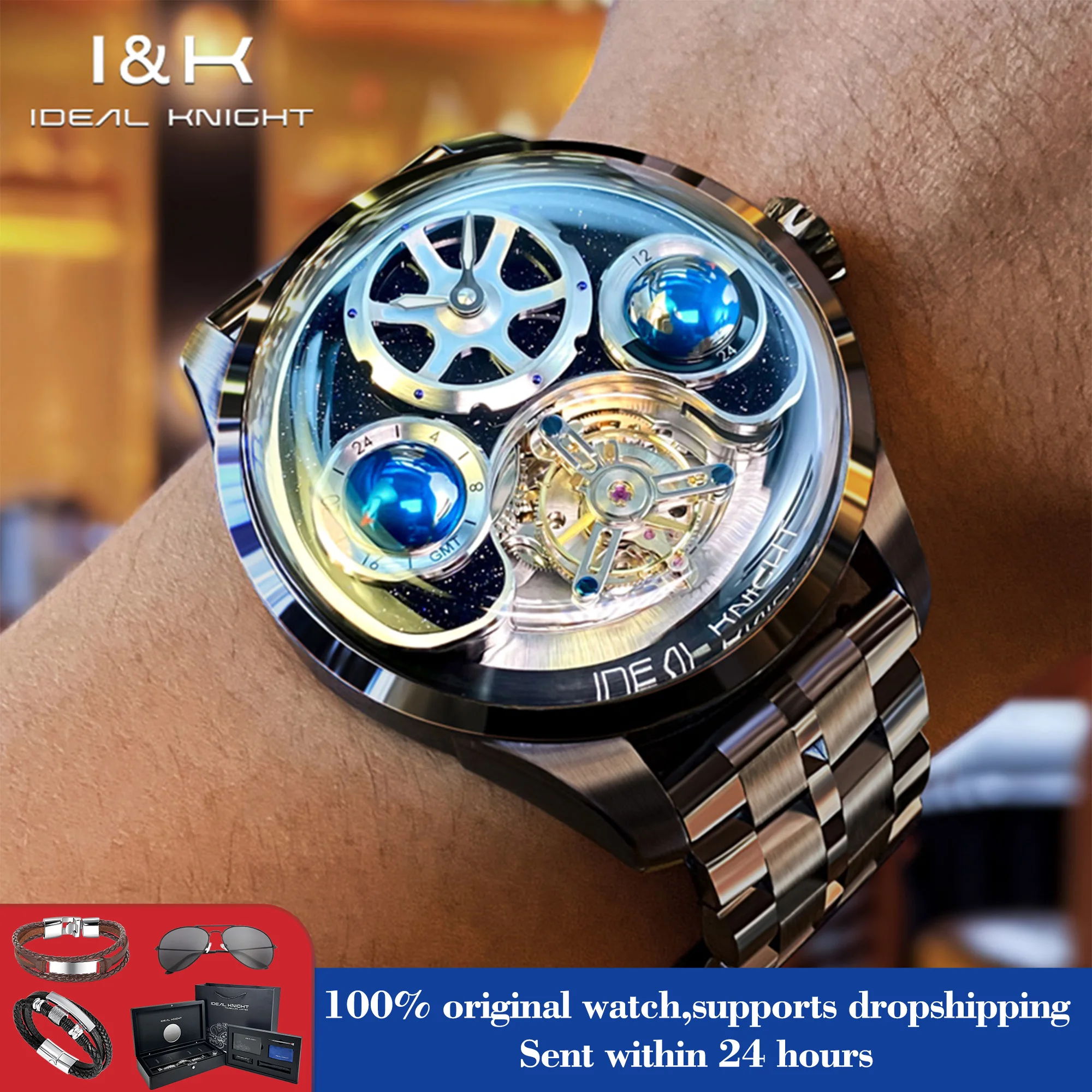 IDEAL KNIGHT 6808 Man Watch Blue Earth Dial Hollow Mechanical Watch For Men Waterproof Tourbillon Men's Automatic Wristwatch